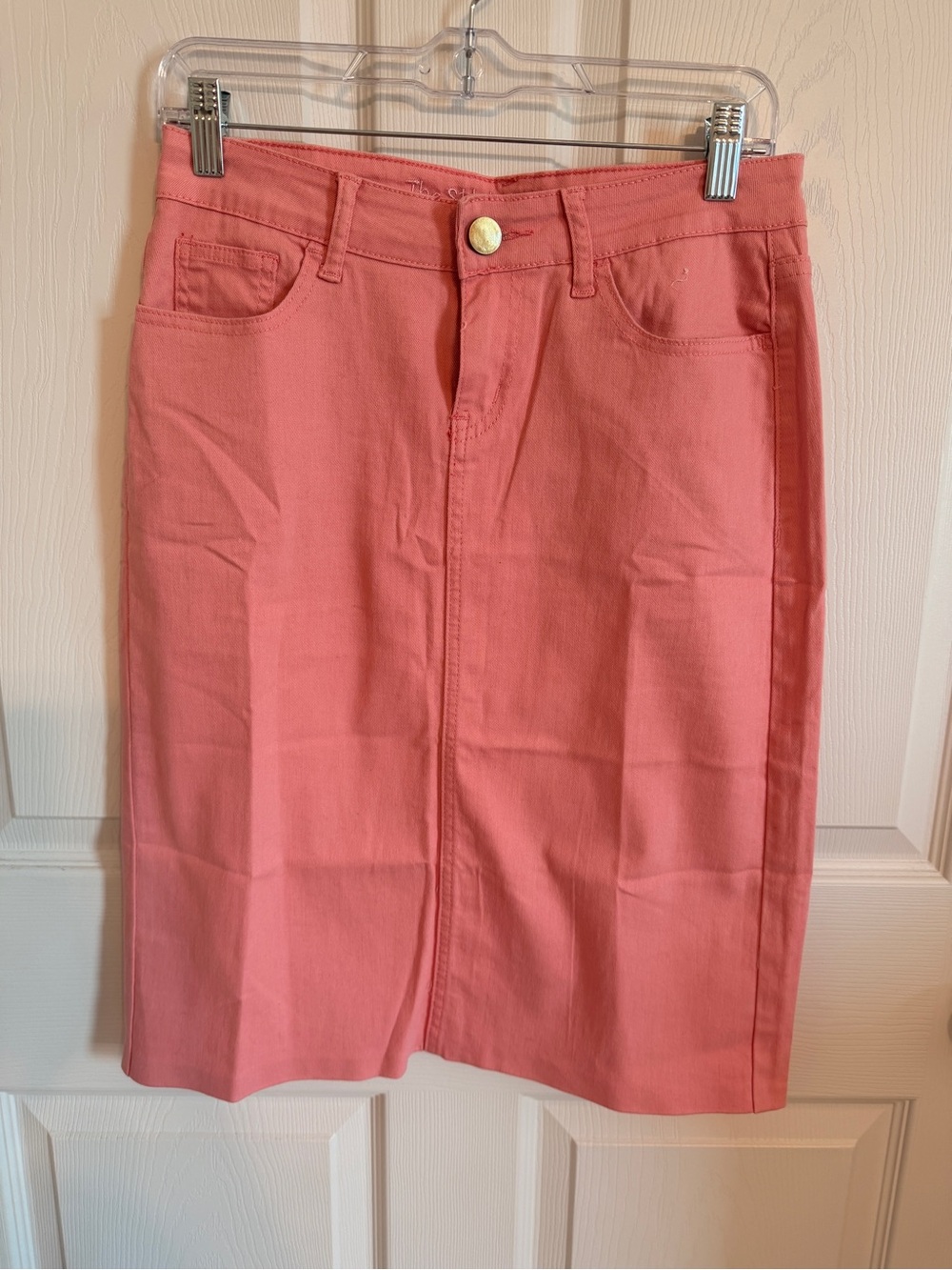 The Skirt Outlet Coral Pink Stretch Denim Midi Skirt Size 5/6